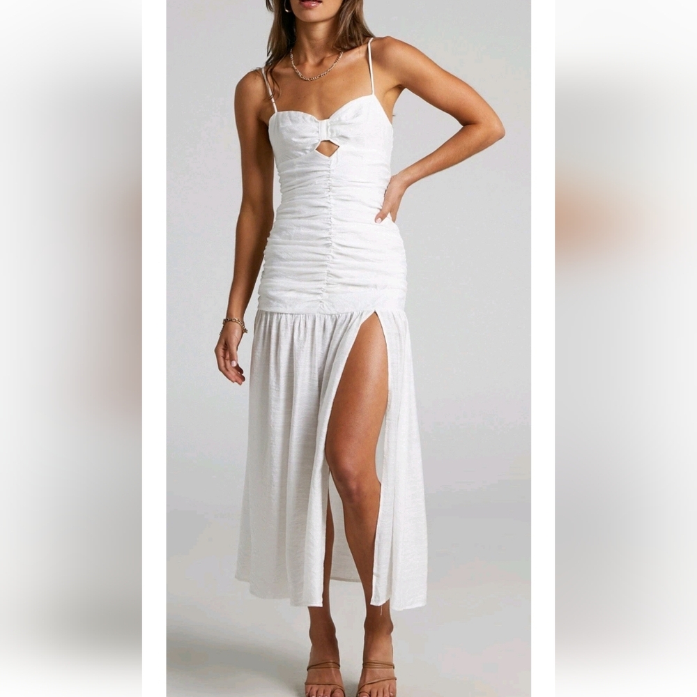 NWT SHOWPO FRIEDA MIDI DRESS RUCHED FRONT CUT OUT DRESS WHITE US 16 BRIDAL BOHO